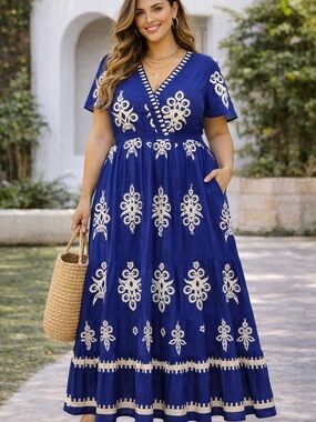 PrettyGarden Blue White Boho Maxi Dress Pockets V-Neck Tiered Flowy NWT